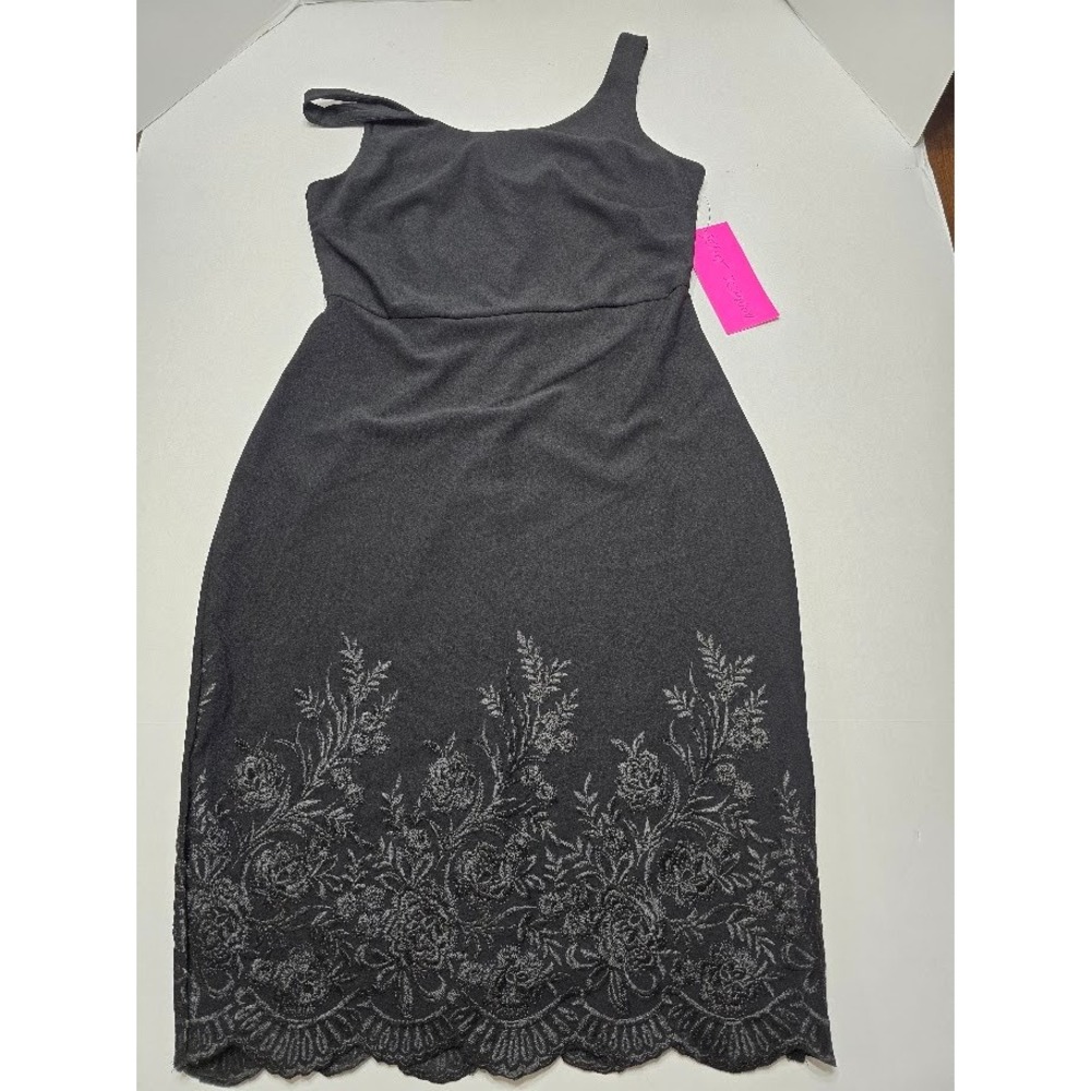 NWT Betsey Johnson Black Dress‎ One Shoulder Floral Embroidery Party Cocktail